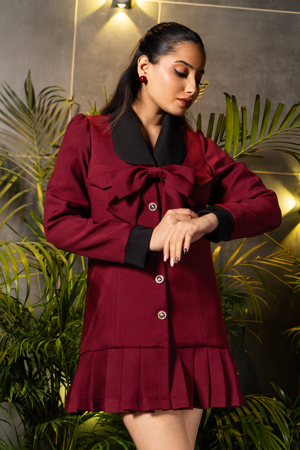 Burgundy Bow Tailored Mini Coat Dress
