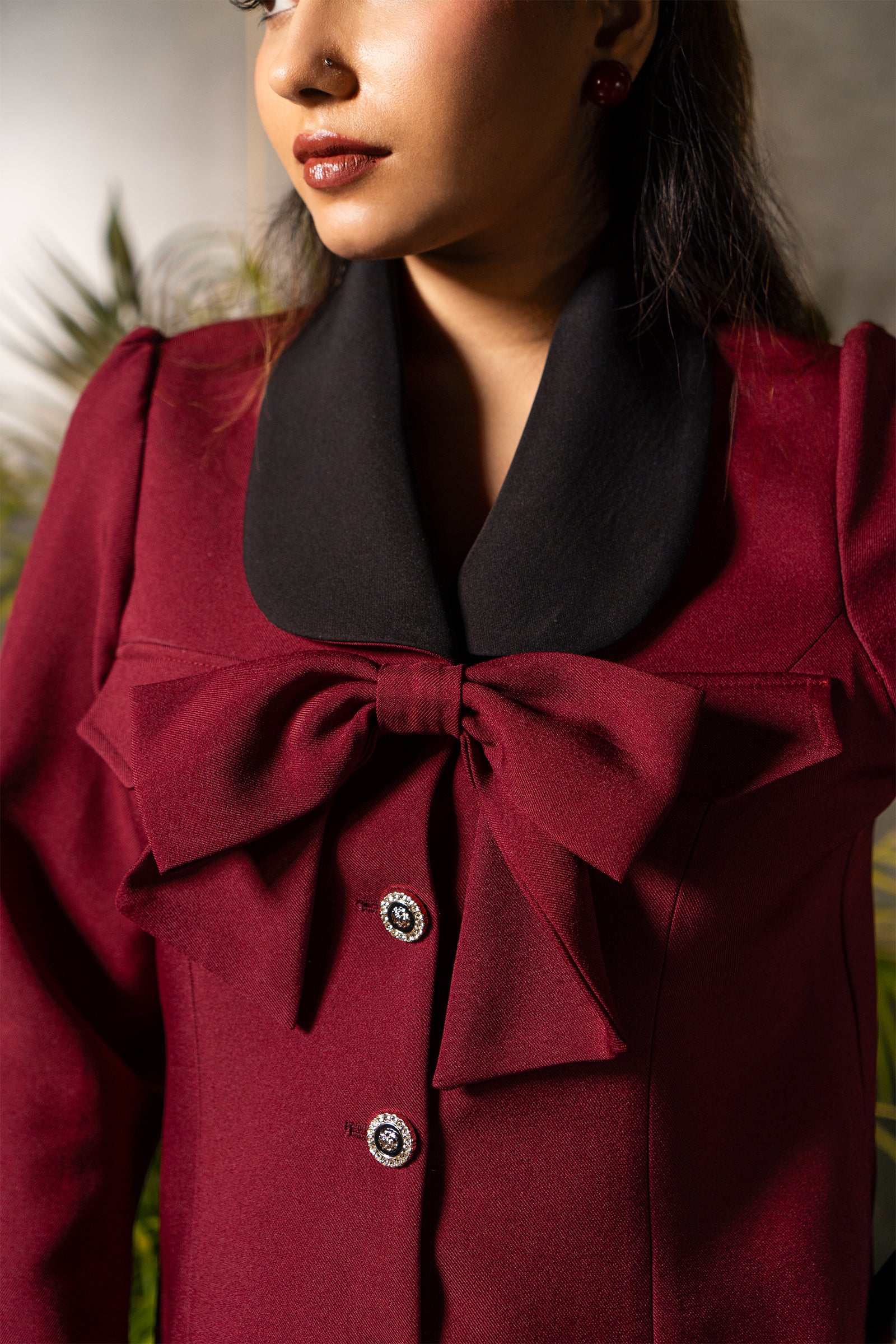 Burgundy Bow Tailored Mini Coat Dress