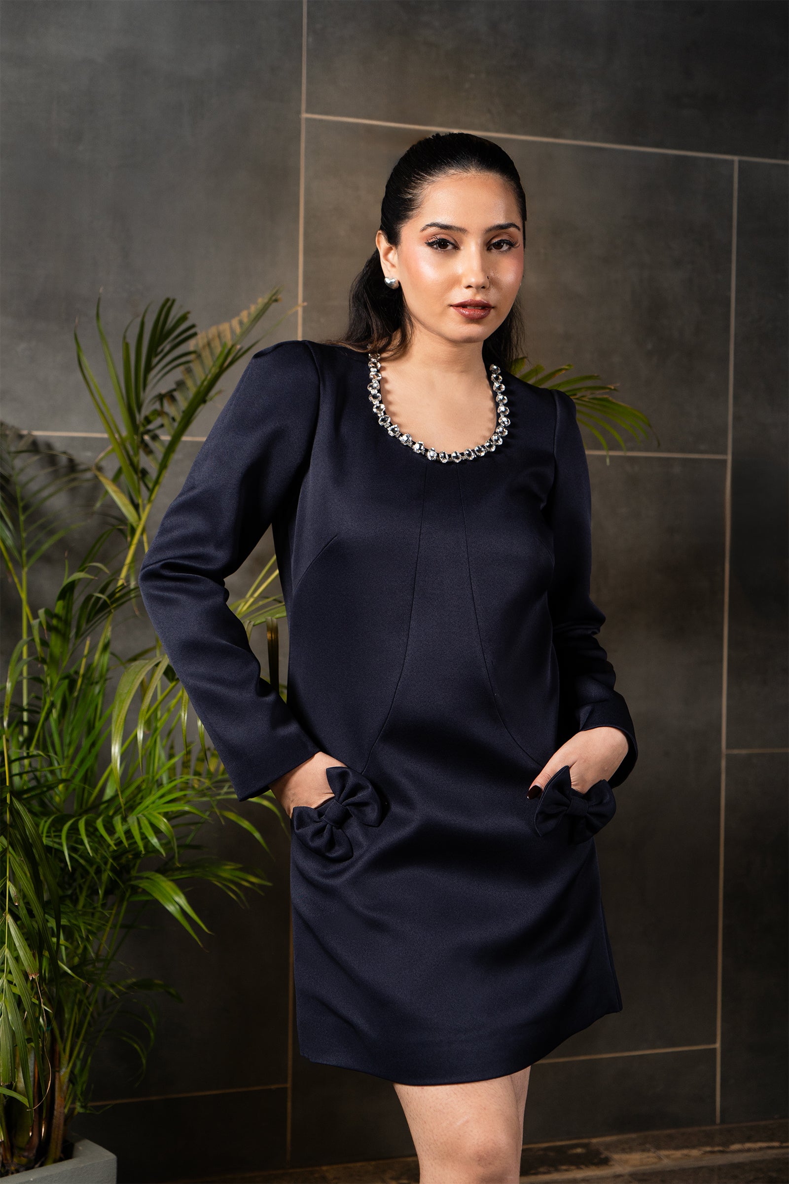 Midnight Pearl Trim Shift Dress