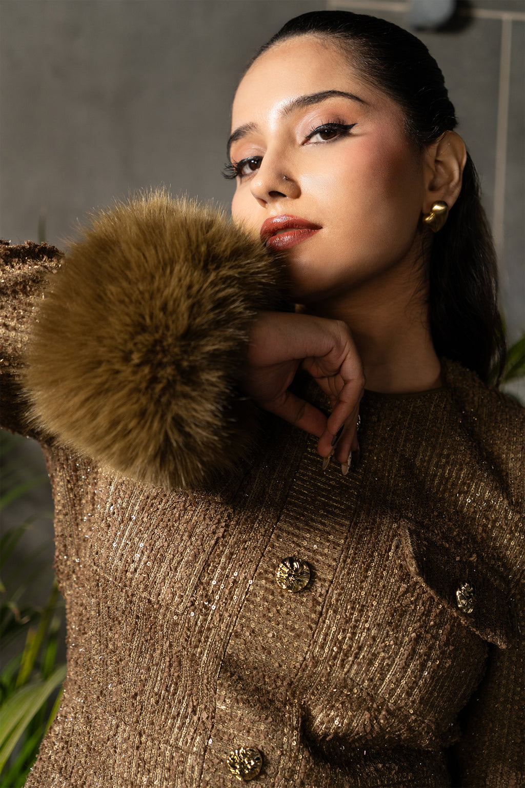 Golden Mocha Tweed Mini Dress