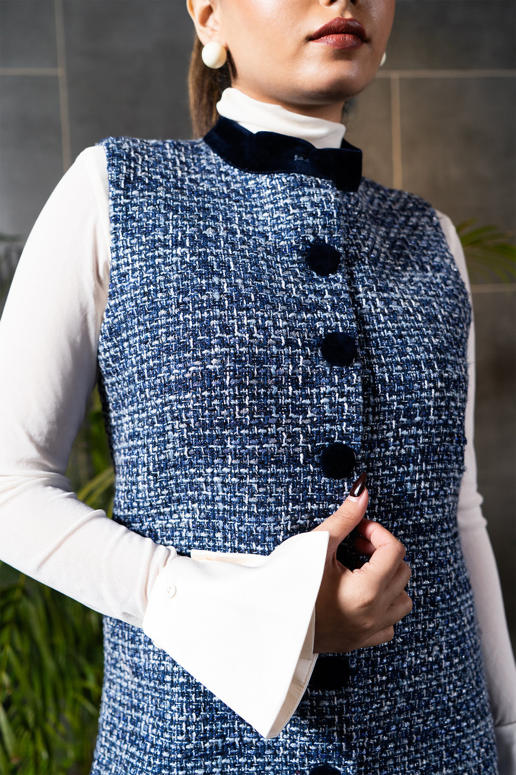 Azure Tweed Button Mini Dress