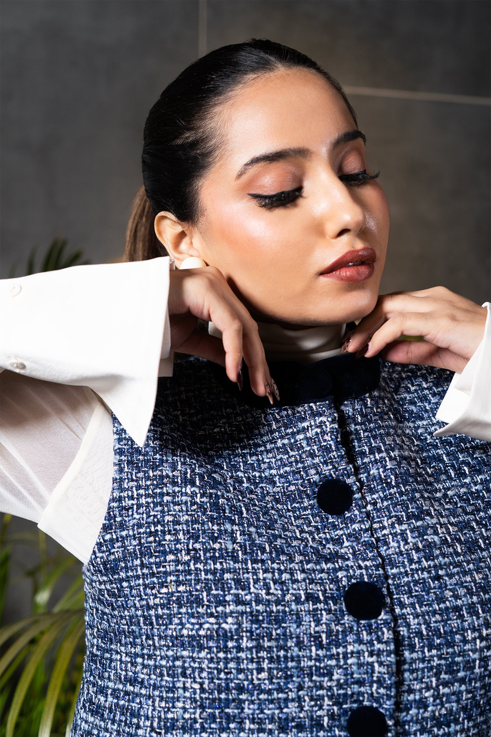 Azure Tweed Button Mini Dress