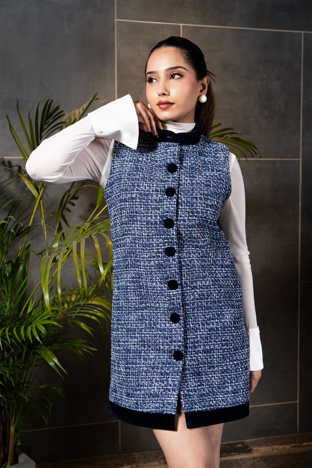 Azure Tweed Button Mini Dress