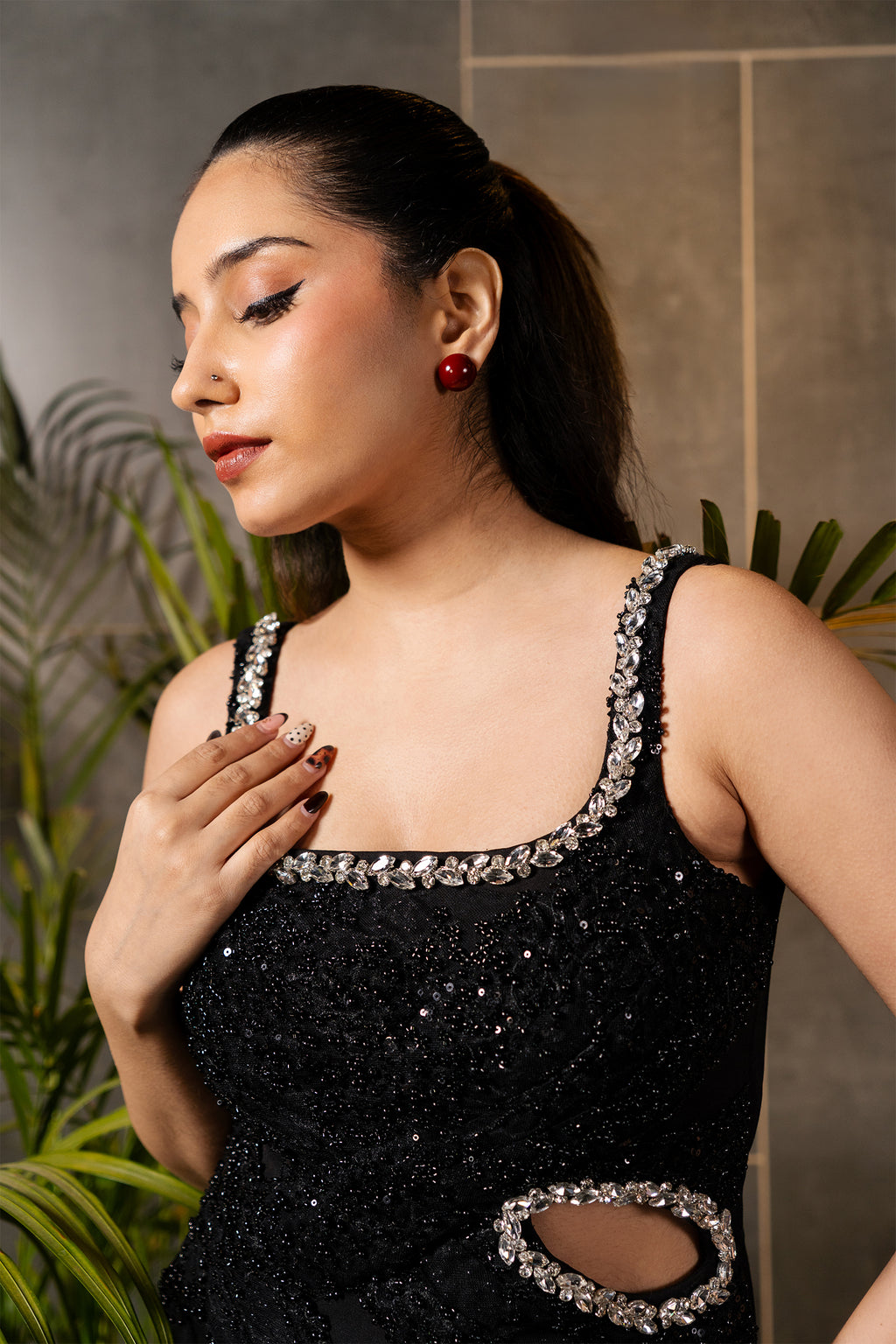 Noir Crystal Cutout Sequin Mini Dress