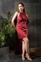 Red Drape Halter Short Dress