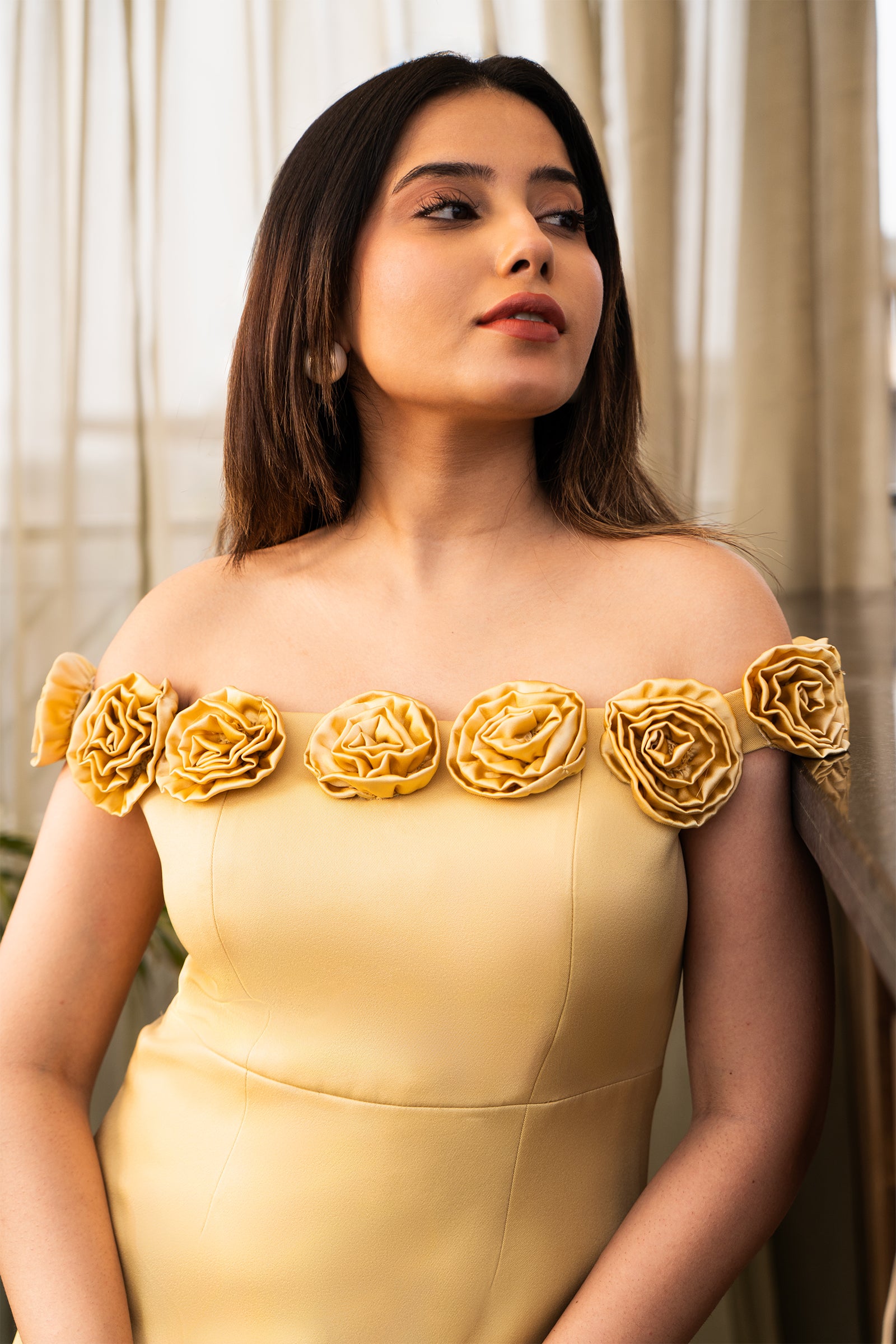 Golden Bloom Off-Shoulder Mini Dress