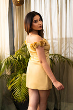 Golden Bloom Off-Shoulder Short Dress