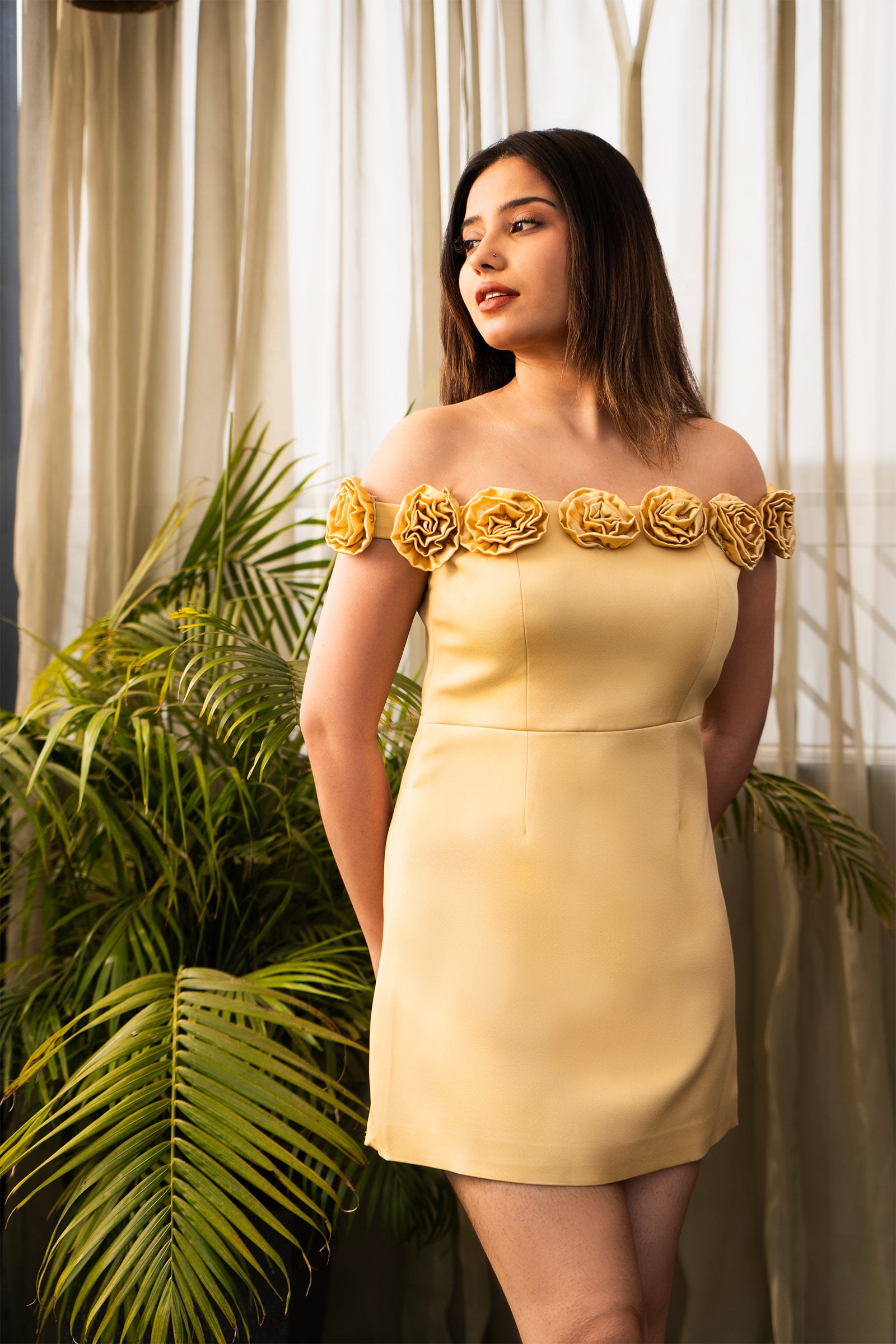 Golden Bloom Off-Shoulder Mini Dress