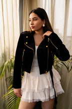 Black Velvet Cropped Biker Jacket
