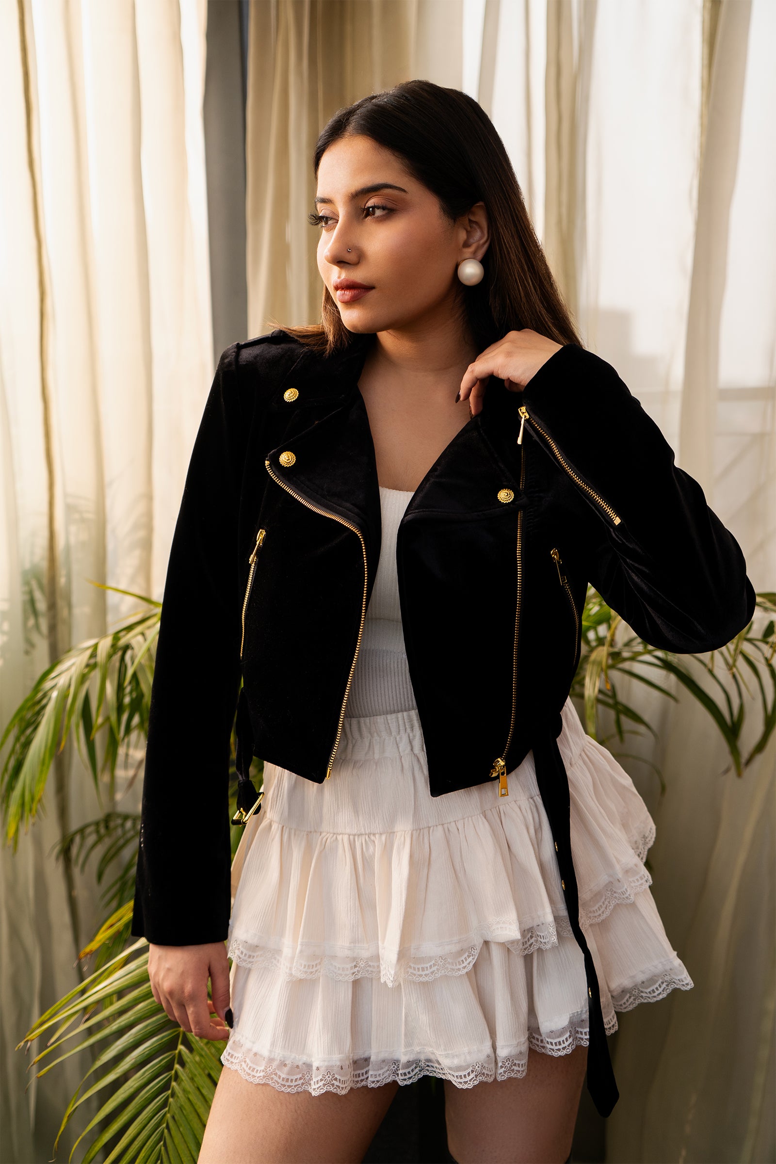 Noir Velvet Cropped Biker Jacket