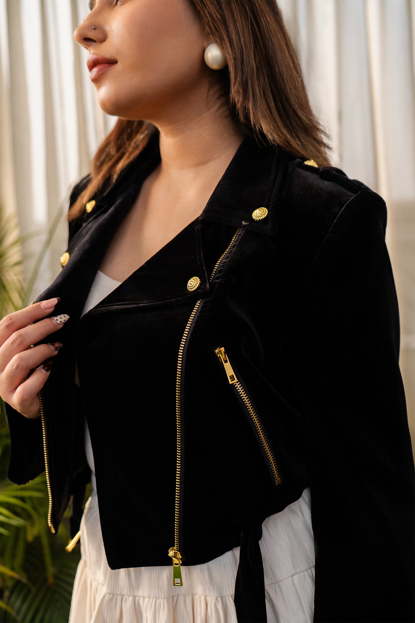 Noir Velvet Cropped Biker Jacket