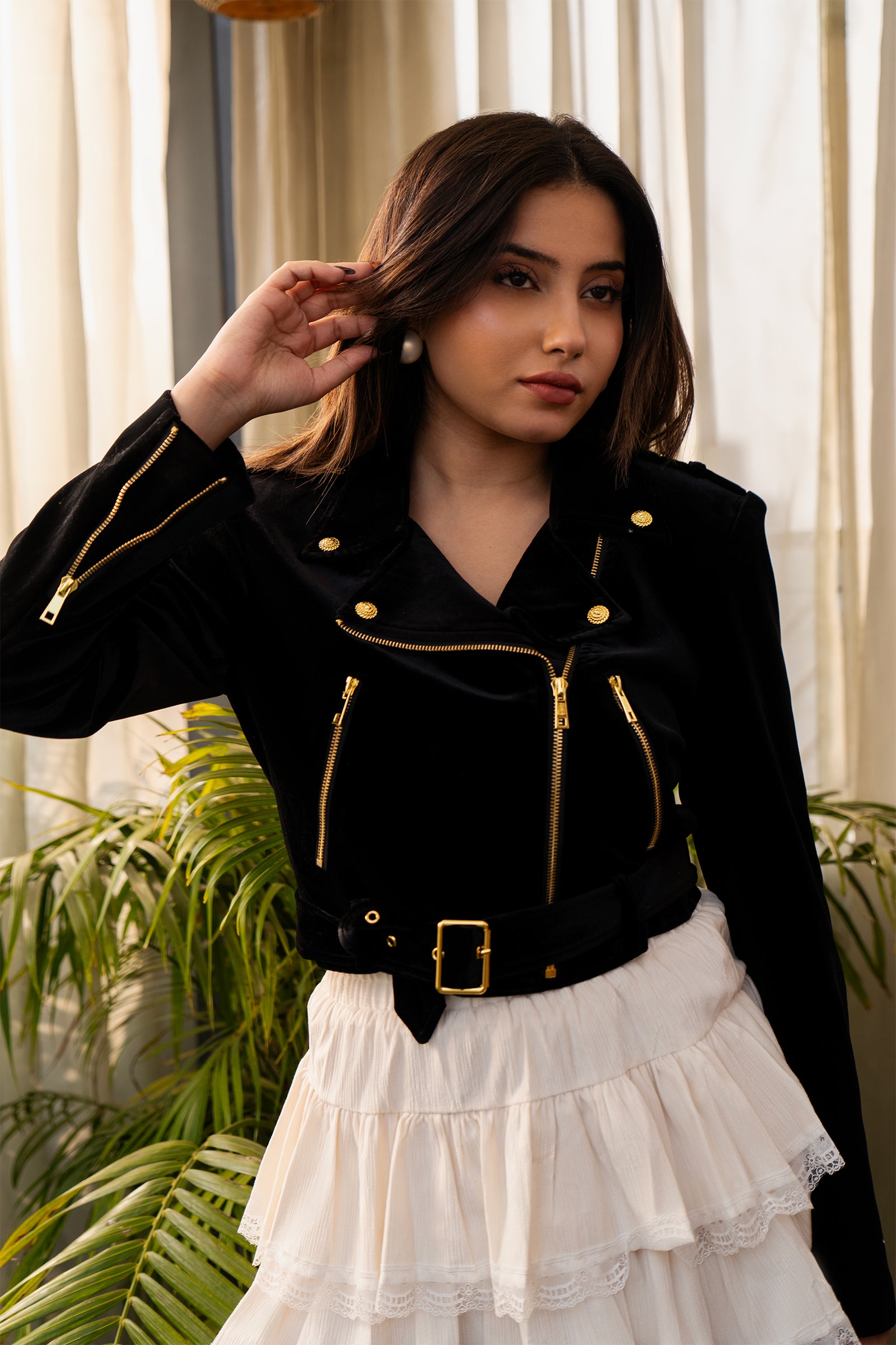 Noir Velvet Cropped Biker Jacket