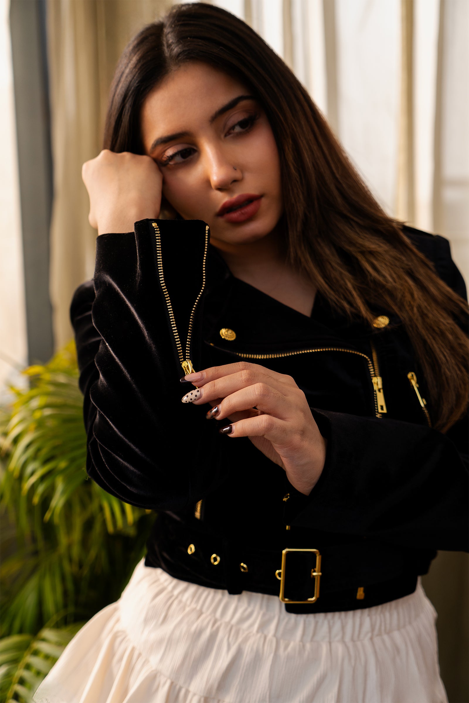 Noir Velvet Cropped Biker Jacket