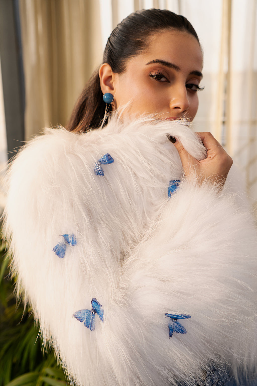 Ivory Butterfly Faux Fox Fur Jacket