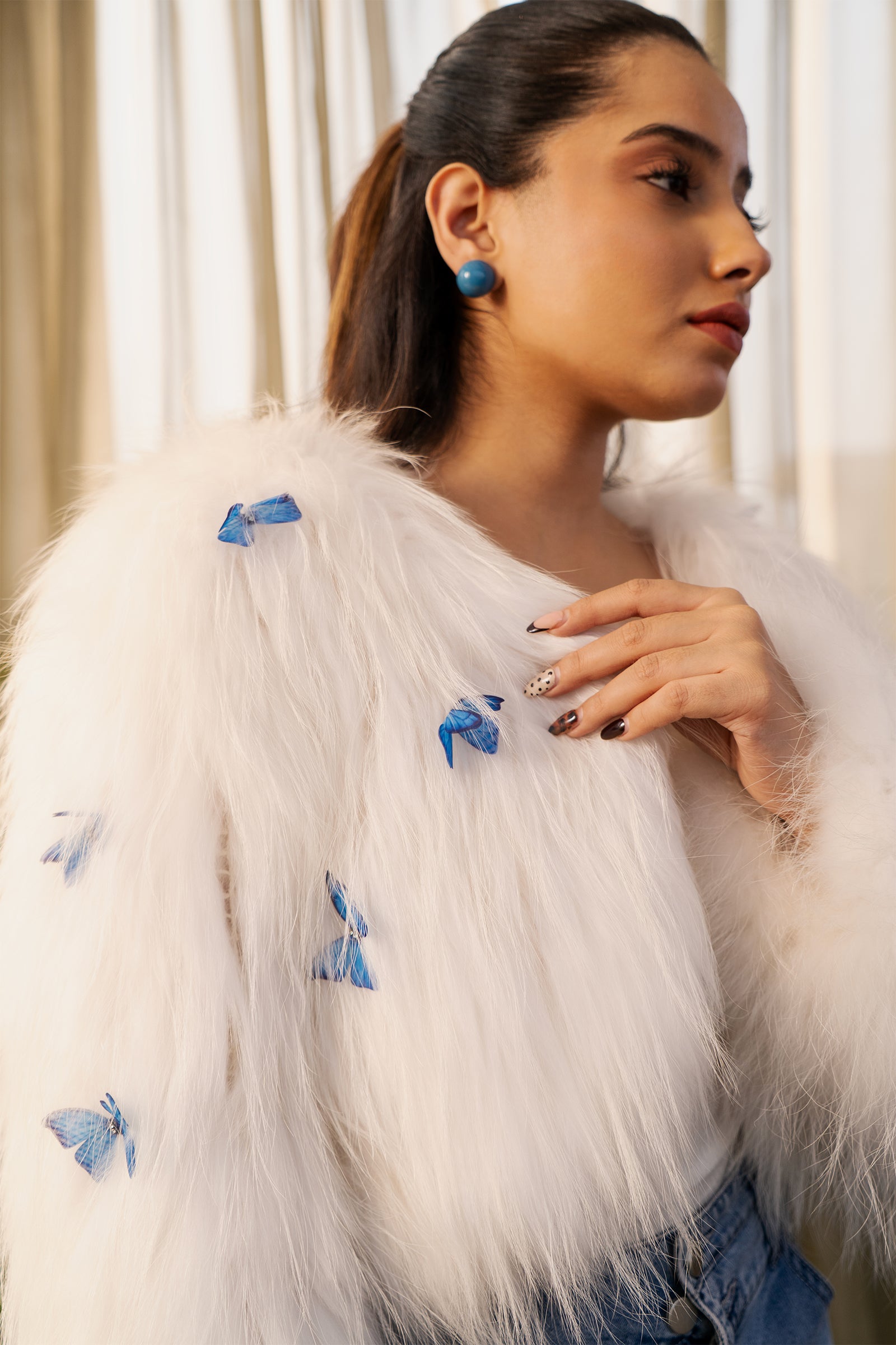 Ivory Butterfly Faux Fox Fur Jacket
