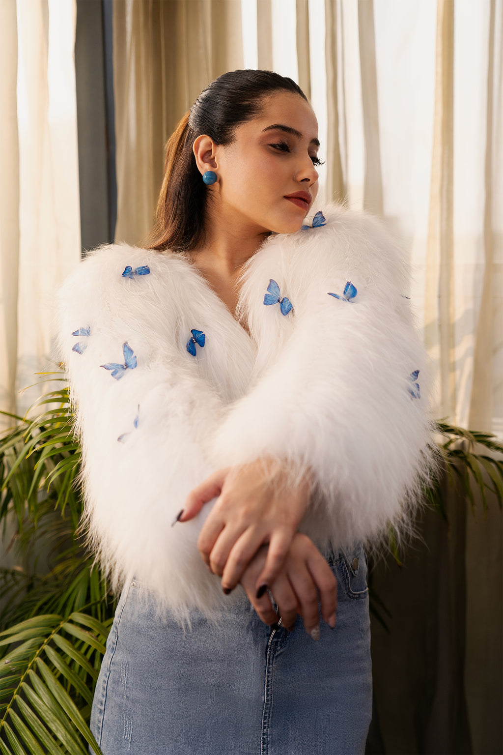 Ivory Butterfly Faux Fox Fur Jacket
