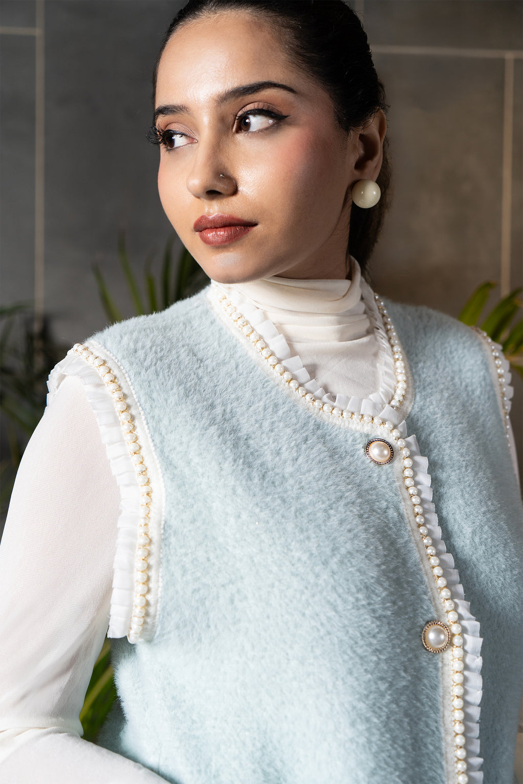 Powder Blue Pearl Trim Knit Vest