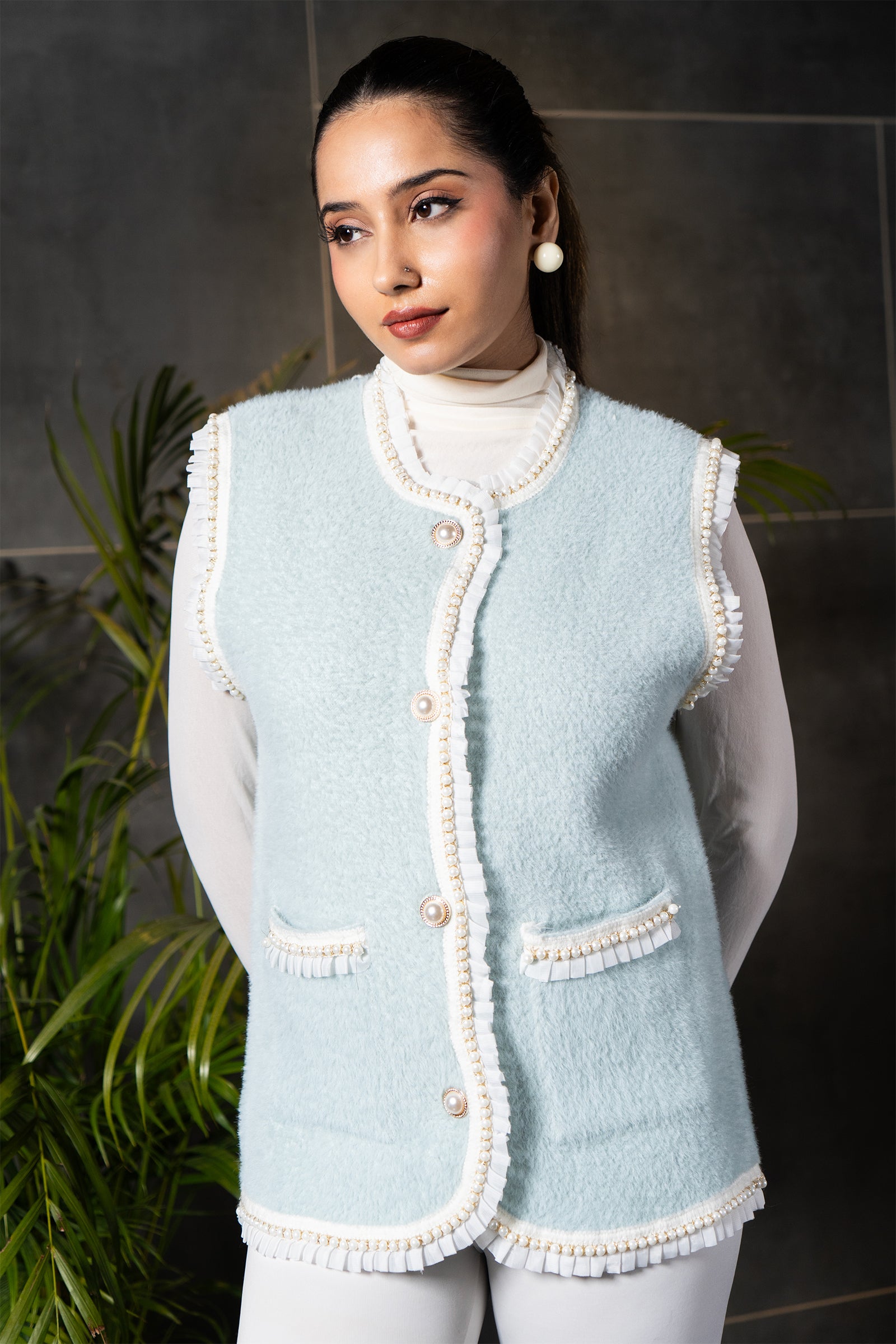 Powder Blue Pearl Trim Knit Vest