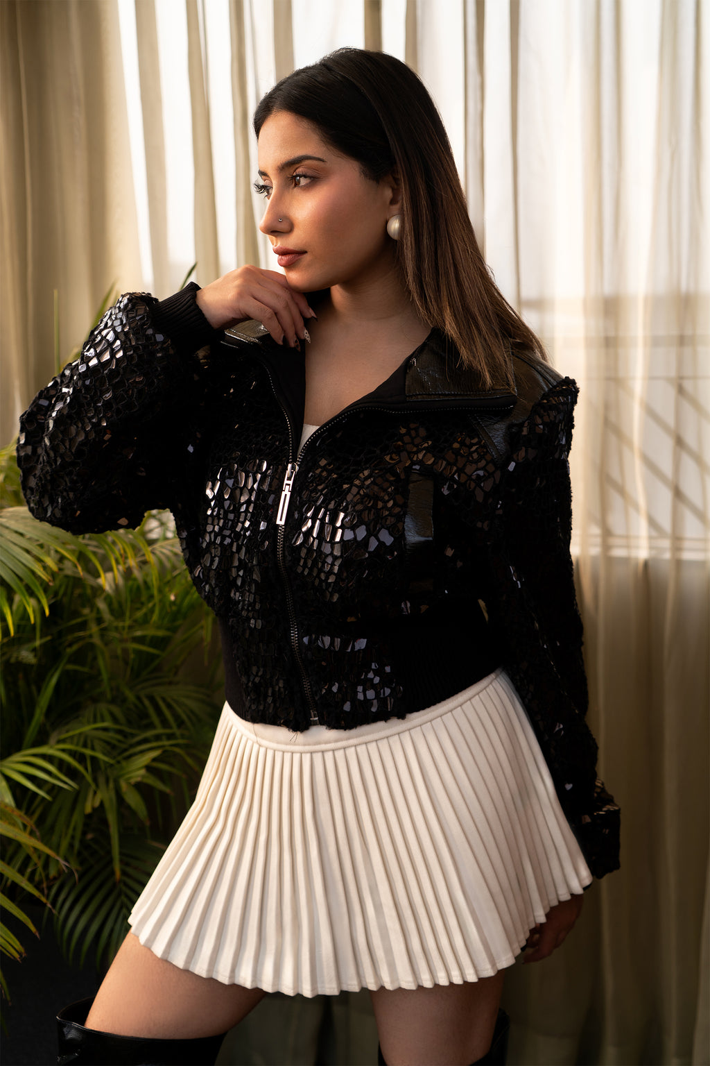 Noir Sequin Mesh Velvet Bomber Jacket