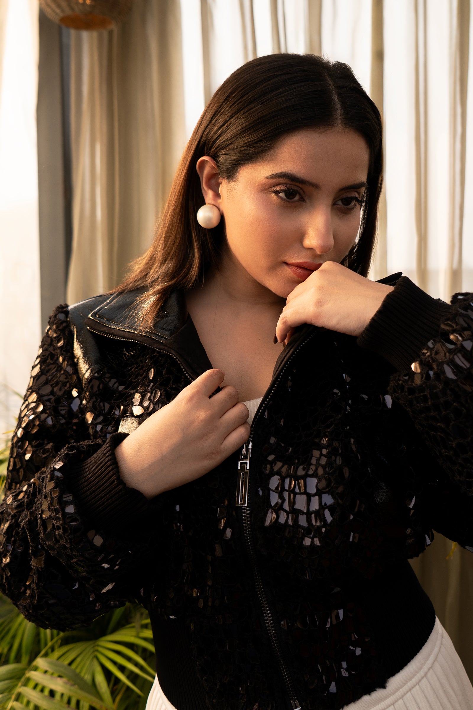 Noir Sequin Mesh Velvet Bomber Jacket