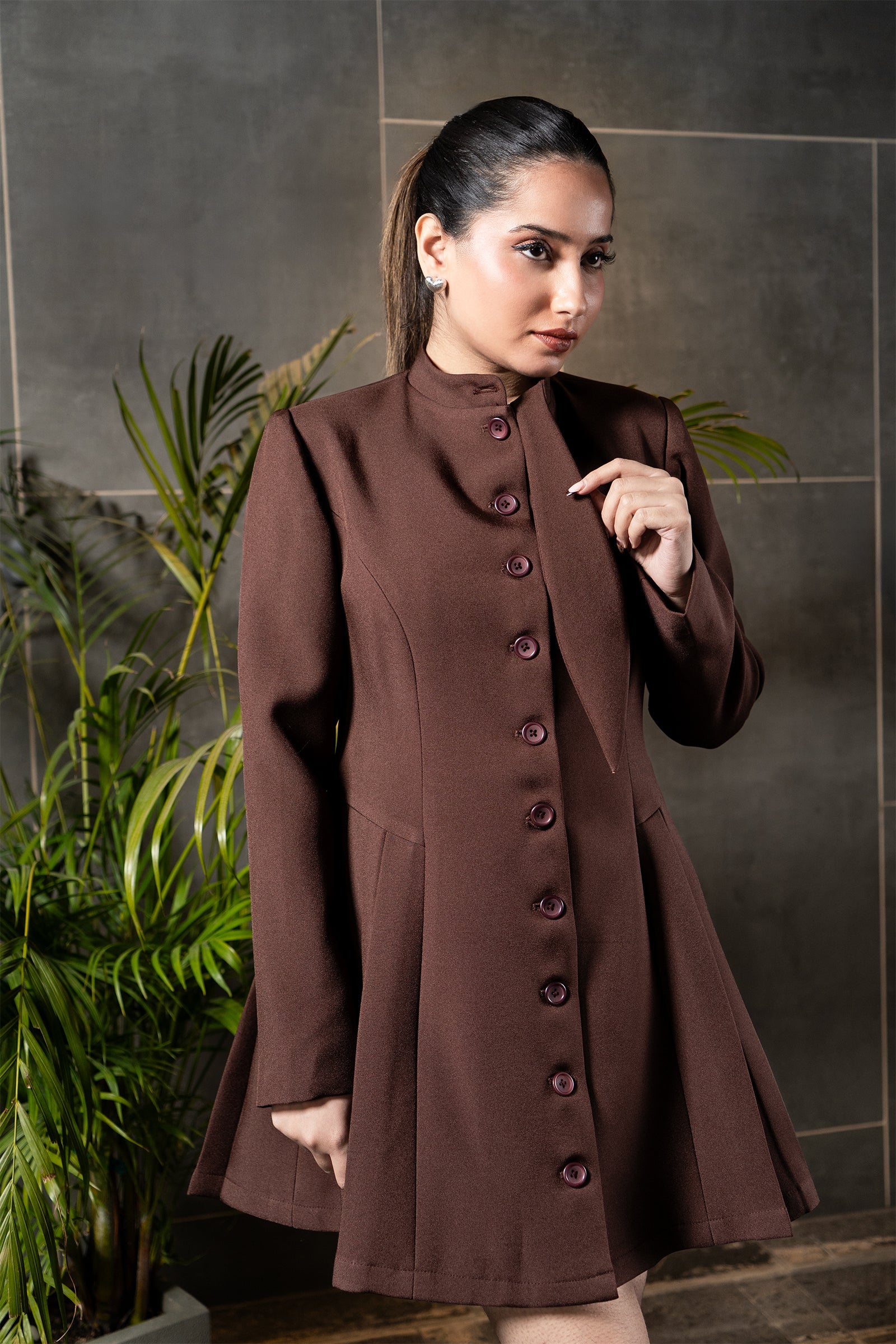 Cocoa Buttoned Flared Mini Dress