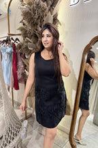 Black Bloom Hem Short Dress