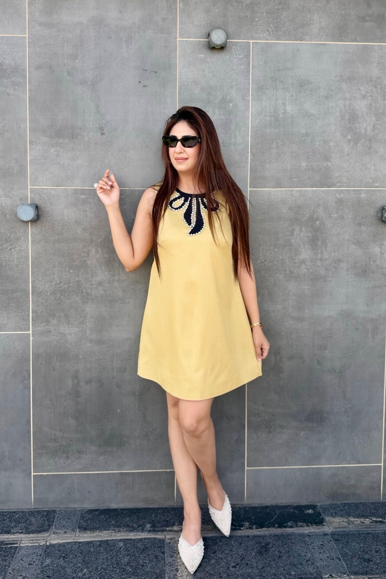 Yellow Sequin Detail Sleeveless Short Dress