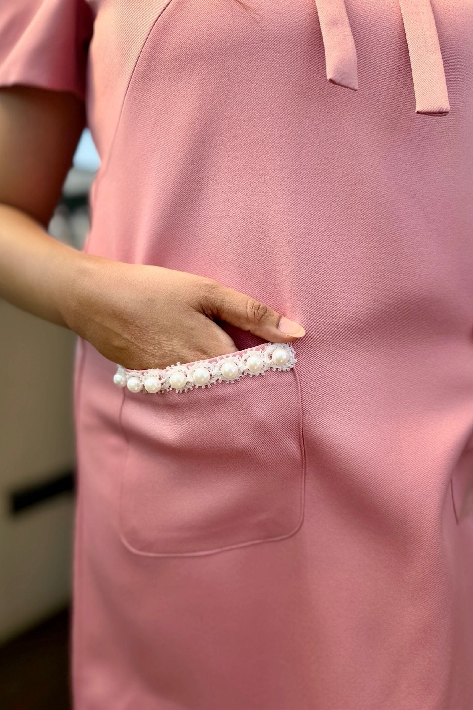 Baby Pink Pearl Detail Bow Short Dress