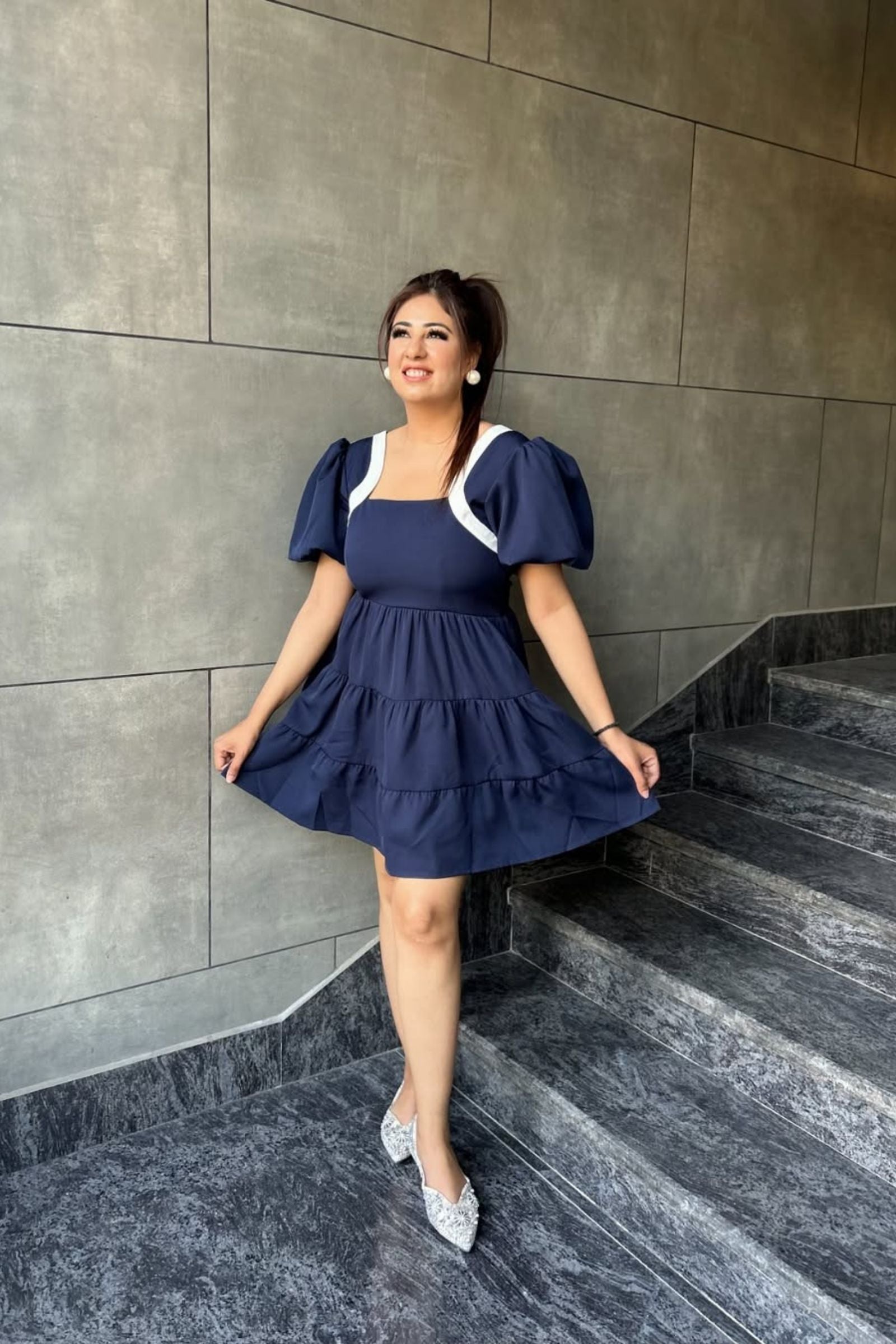 Navy Babydoll Tiered Short Dress