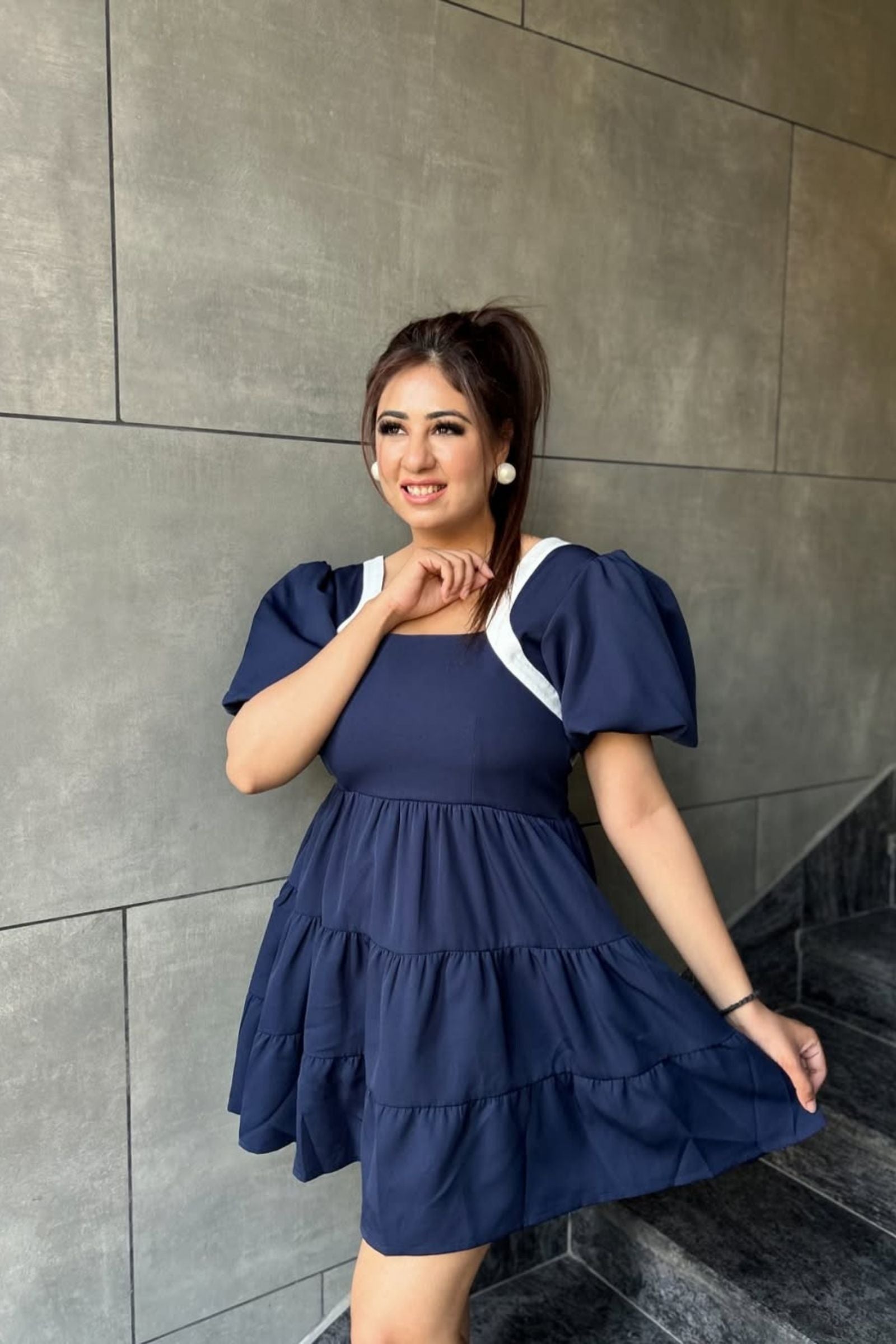 Navy Babydoll Tiered Short Dress
