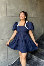 Navy Babydoll Tiered Short Dress