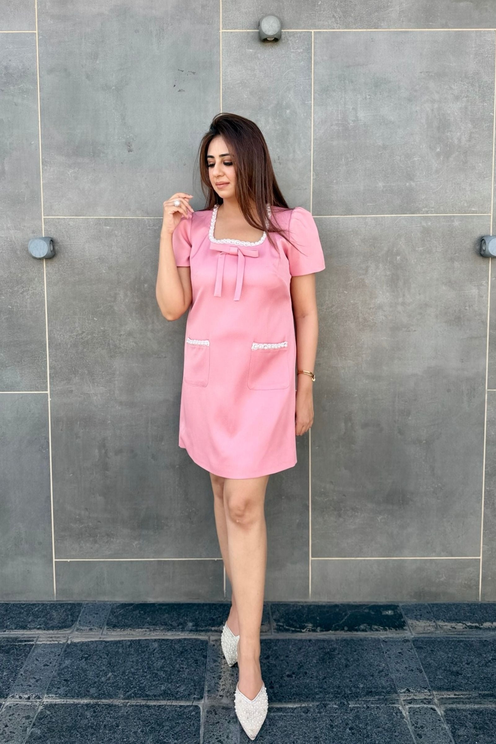 Baby Pink Pearl Detail Bow Short Dress