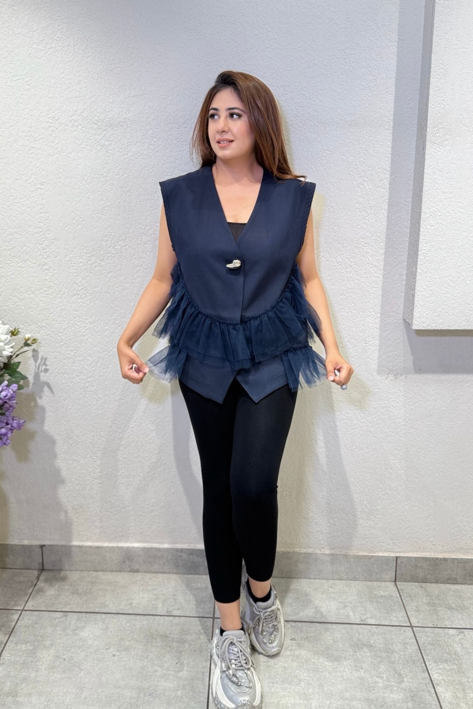 Navy Tulle Ruffle Vest