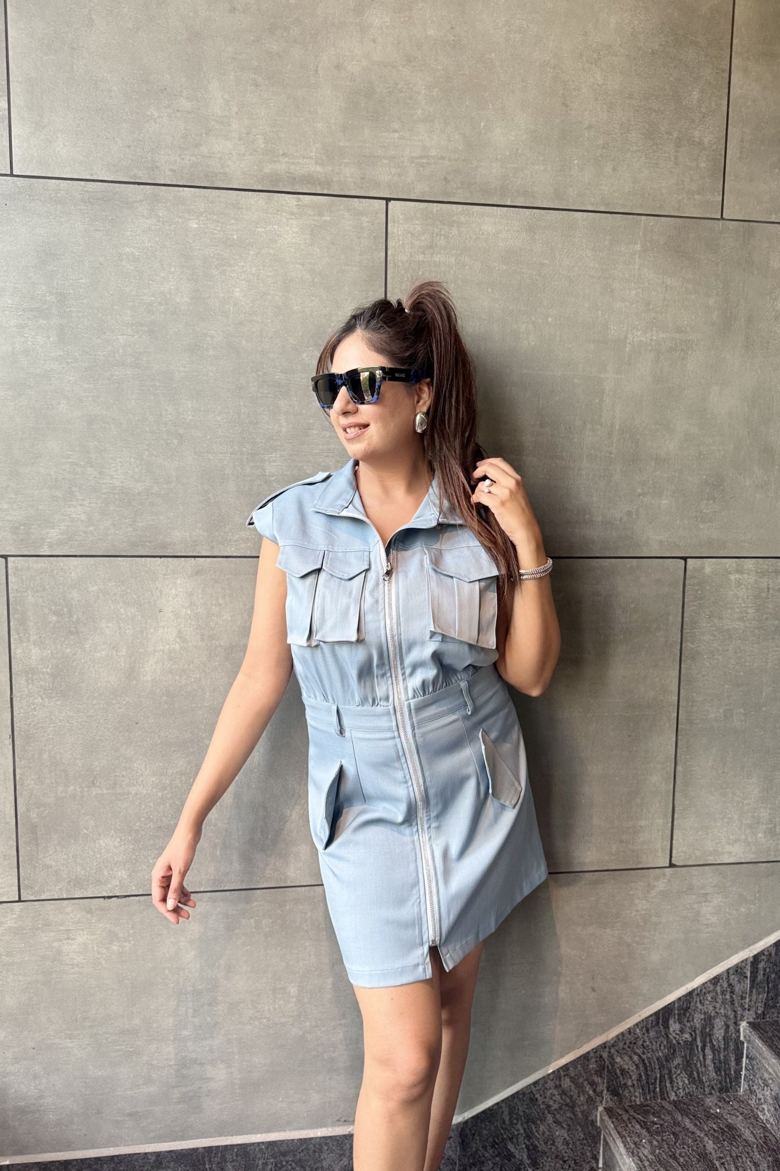 Powder Blue Utility Short Dress