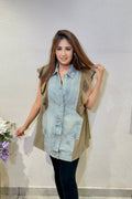 Denim Tan Ruffle Sleeve Vest