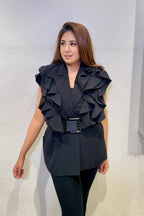 Black Ruffle Belted Vest