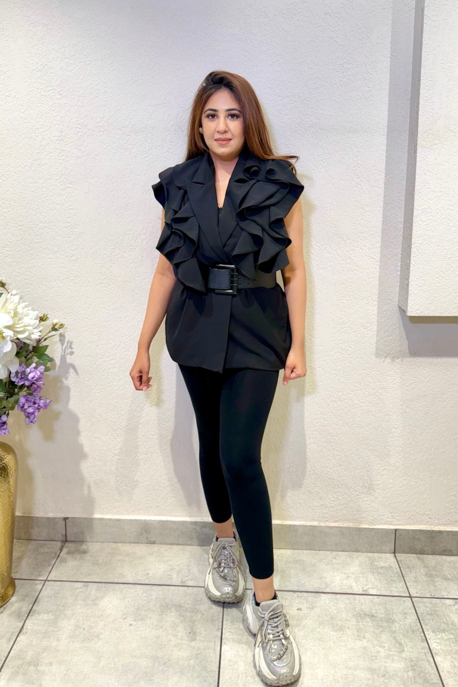 Black Ruffle Belted Vest