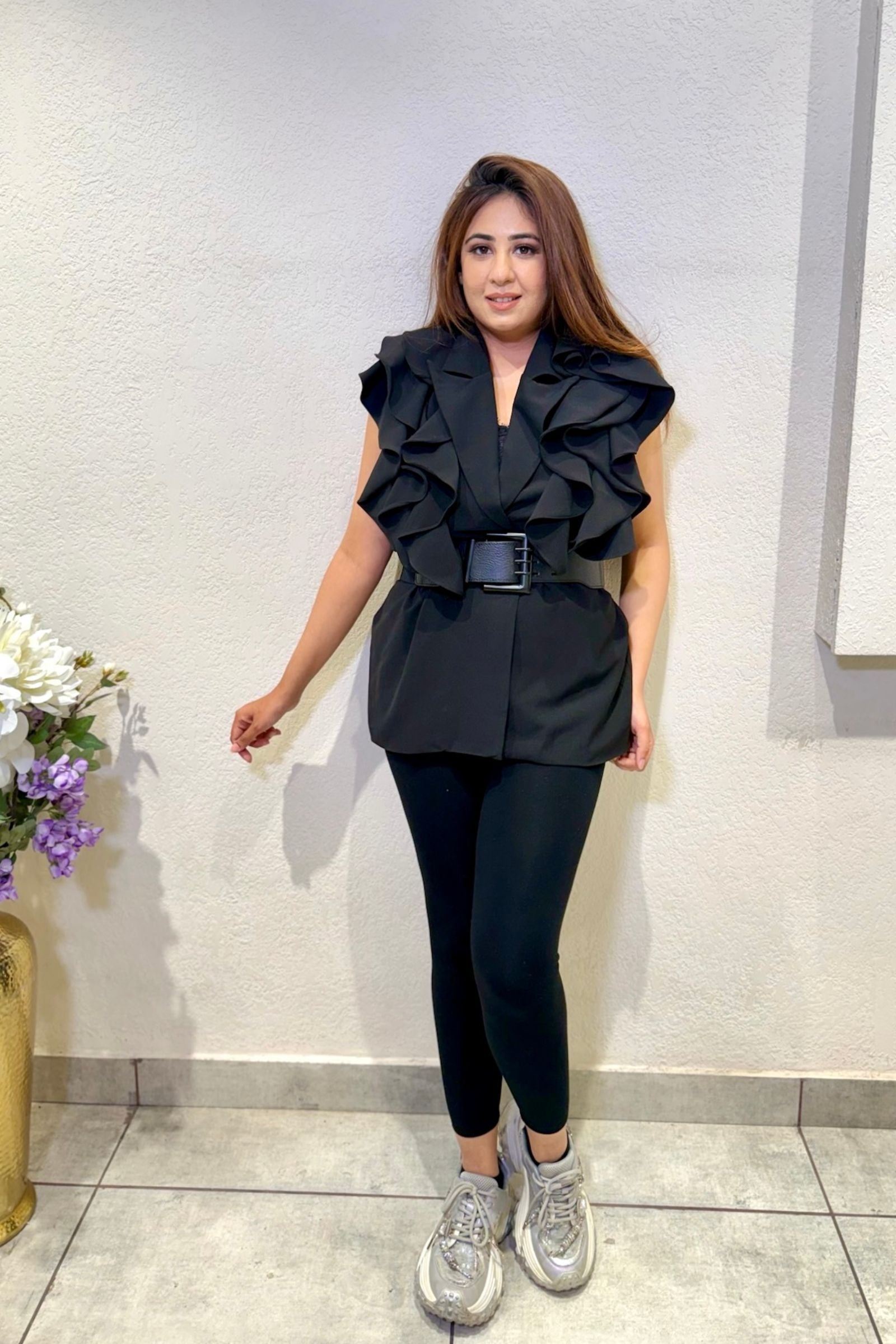 Black Ruffle Belted Vest