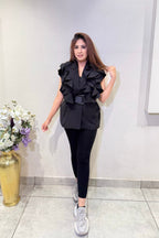 Black Ruffle Belted Vest