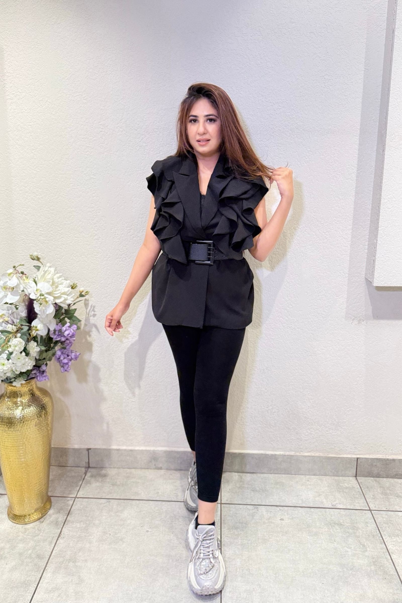 Black Ruffle Belted Vest
