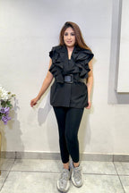 Black Ruffle Belted Vest