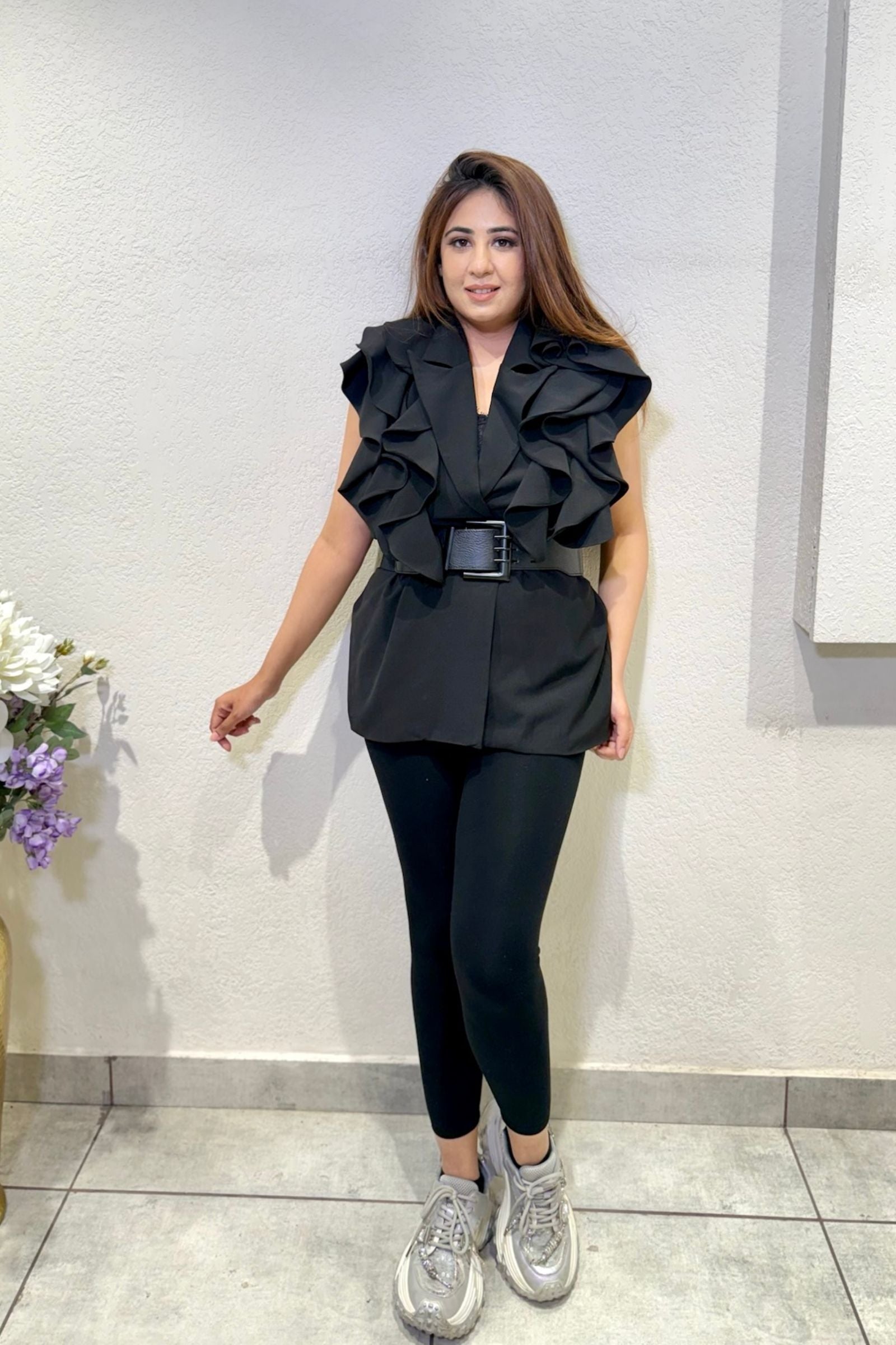 Black Ruffle Belted Vest