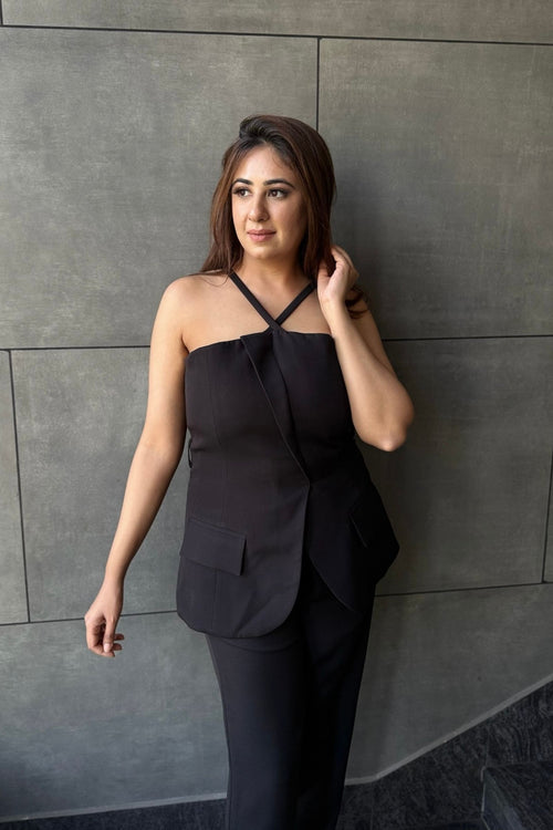 Black Halter Drape Co-ord Set