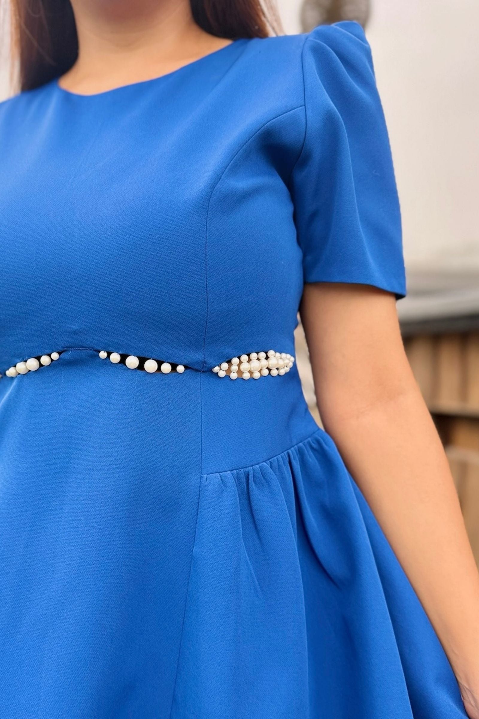 Royal Blue Pearl Belt Short Dress
