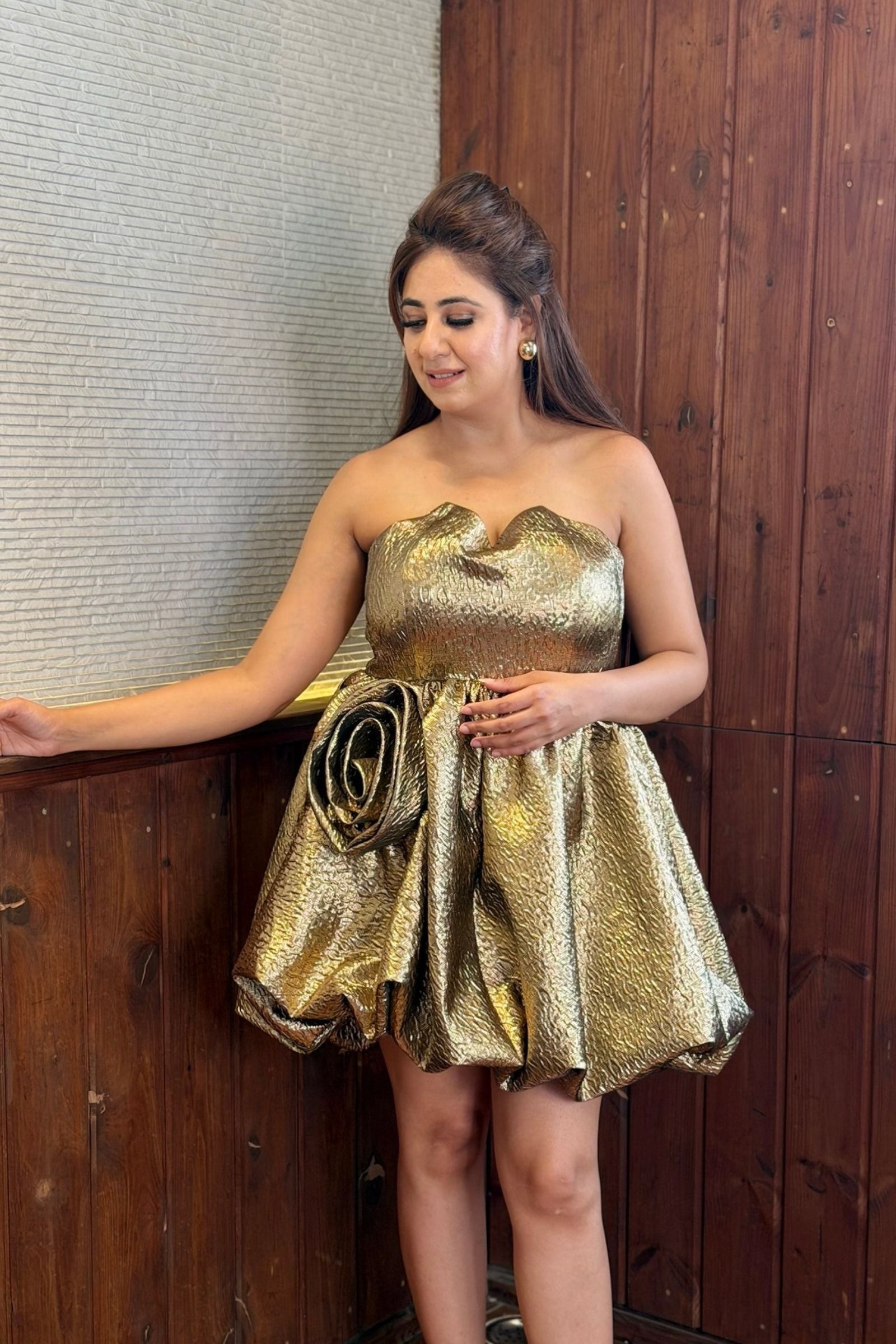Metallic Gold Rose Short Dress