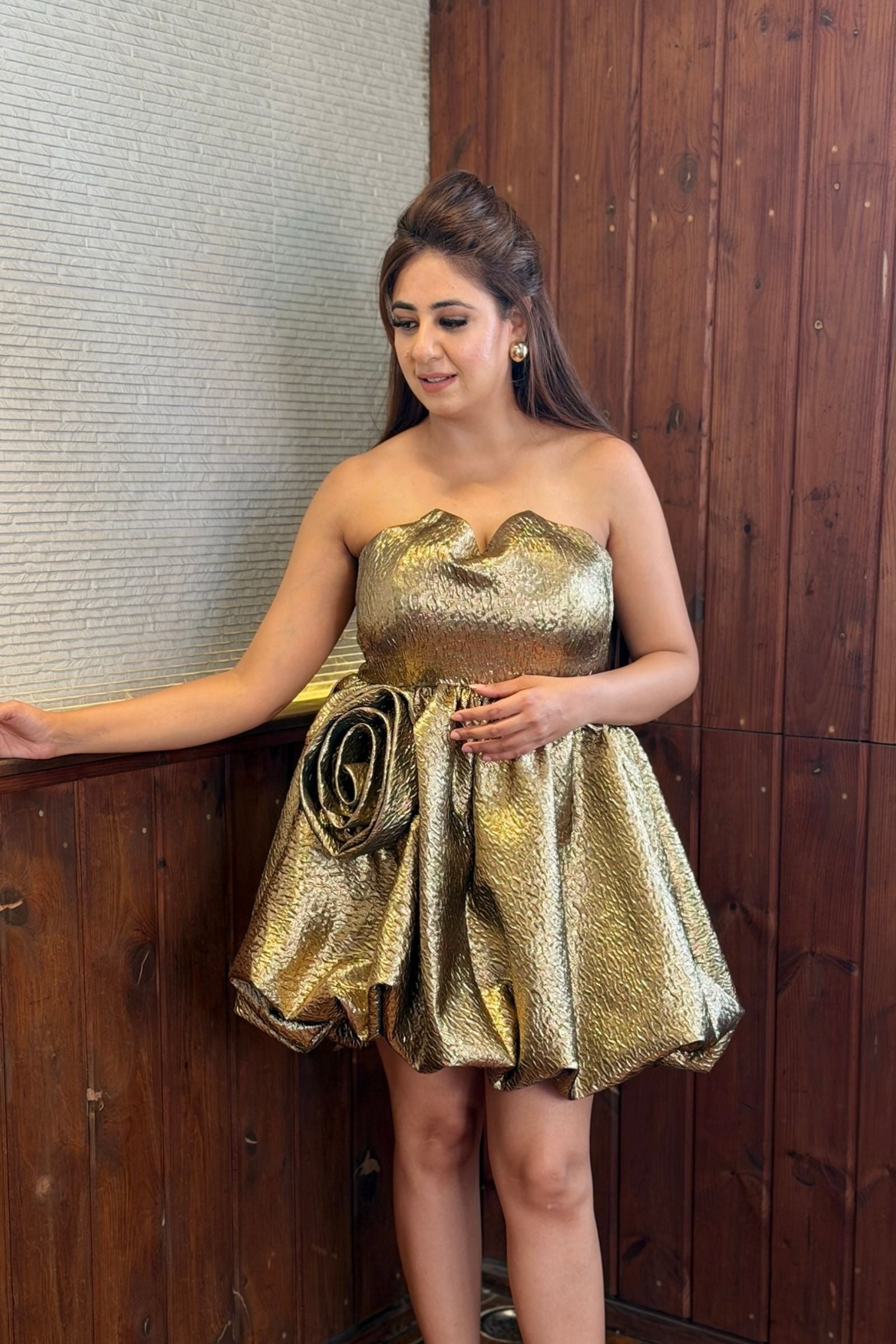 Metallic Gold Rose Short Dress