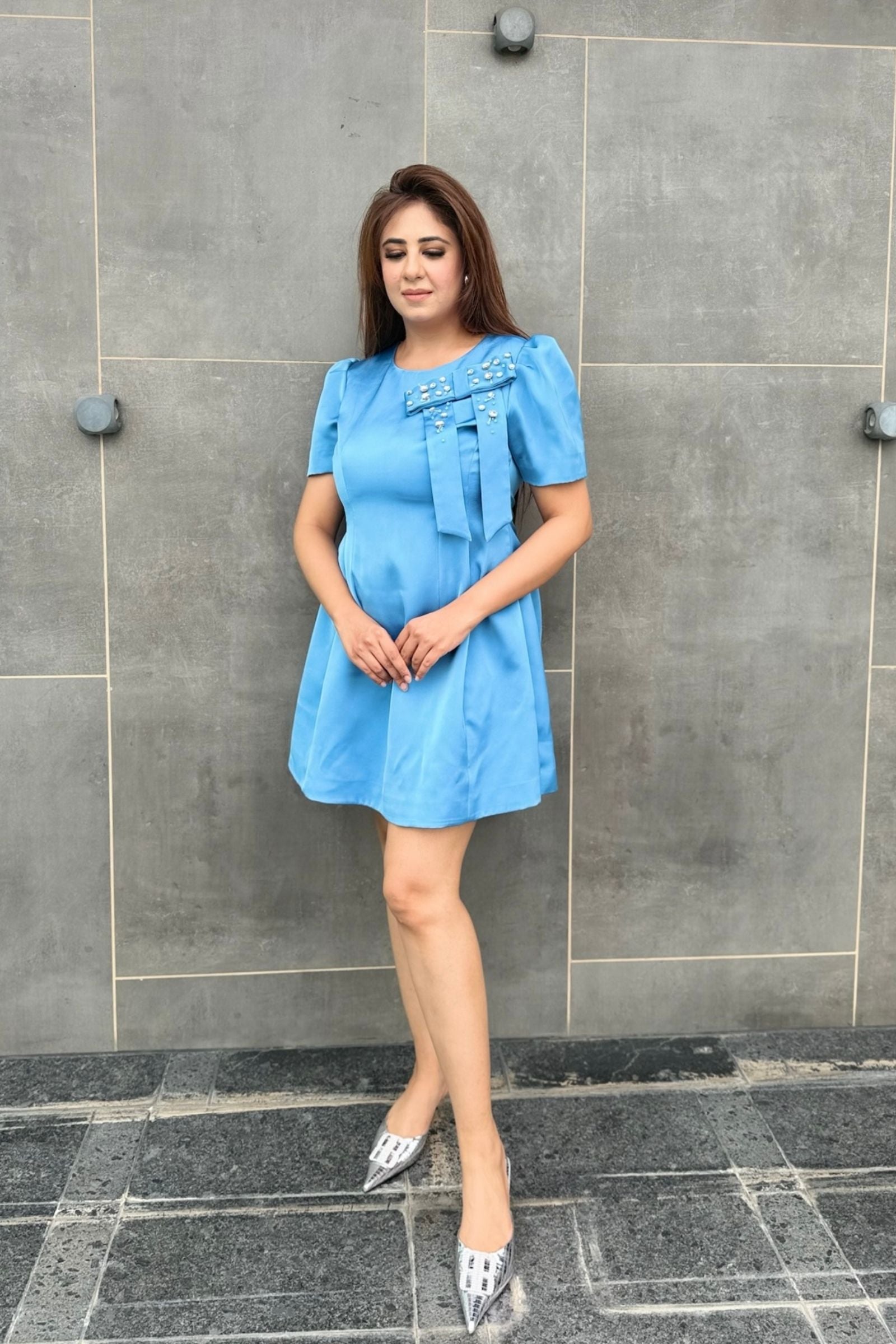 Sky Blue Pearl Bow Short Dress