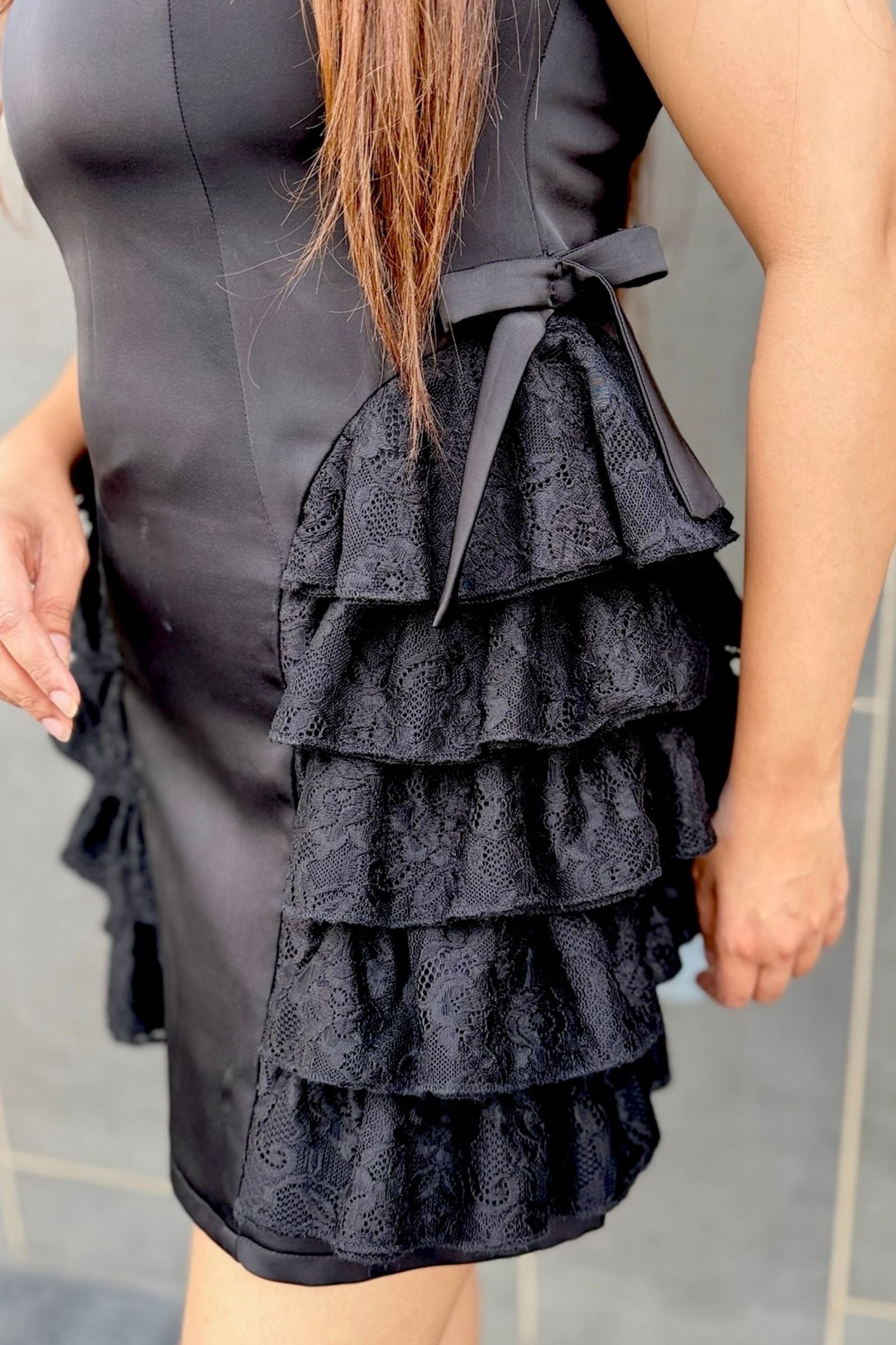 Black Ruffled Lace Short Dress