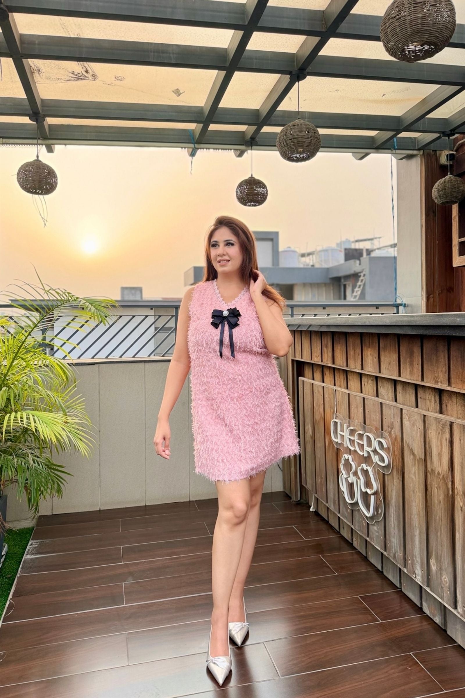 Pink Textured Fringe Bow Short Dress