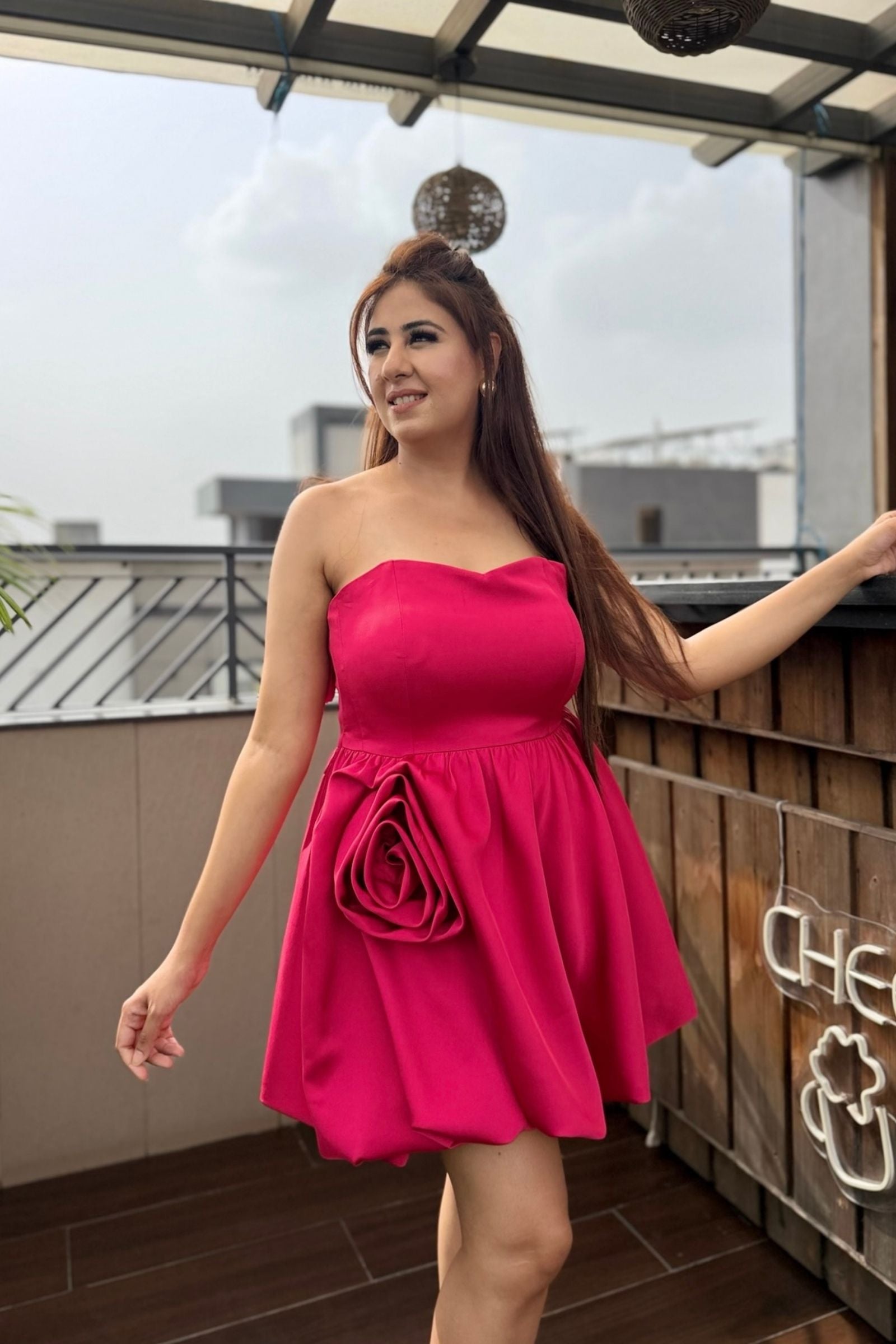 Hot Pink Rose Bubble Short Dress